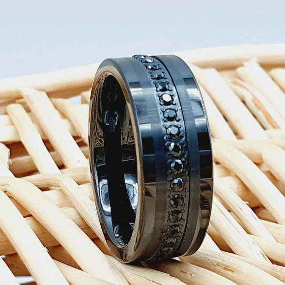 Round Cut Black CZ Inlay Engagement Ring for Man Woman, GALTUN775 - Picture 1 of 5